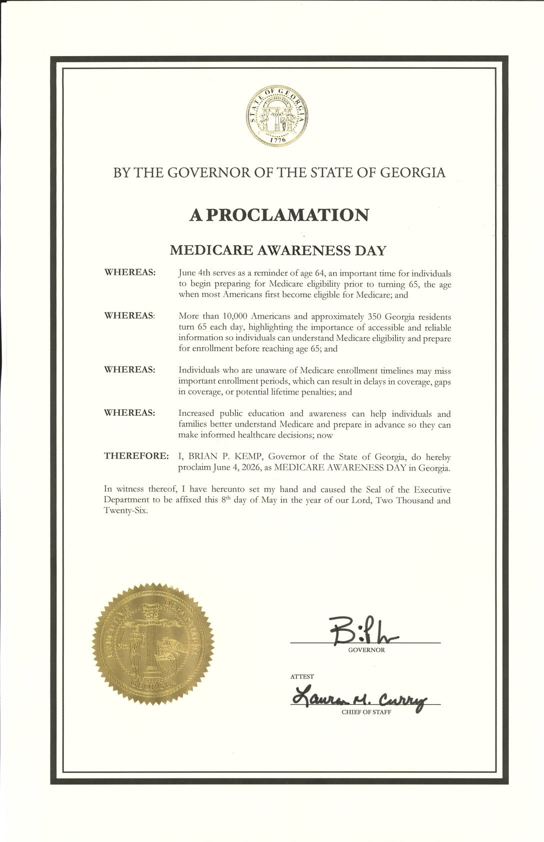 Official State of Georgia proclamation declaring June 4th Medicare Awareness Day